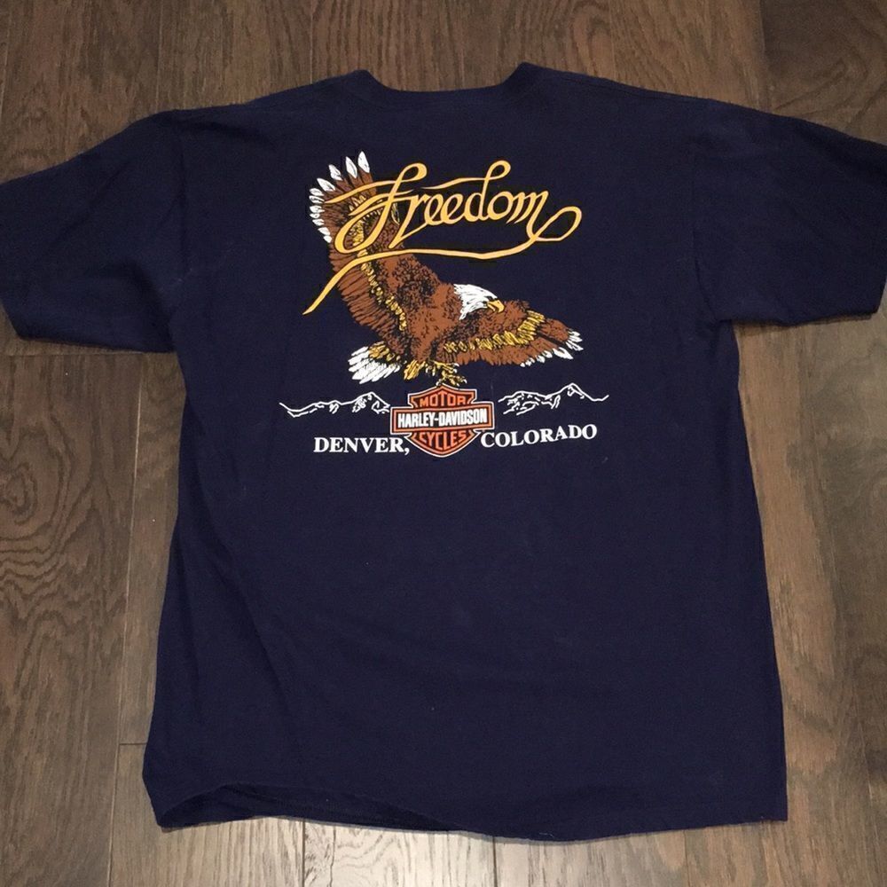 Mens DK Blue 2003 men’s FREEDOM Harley Davidson Denver Colorado Eagle SS t shirt